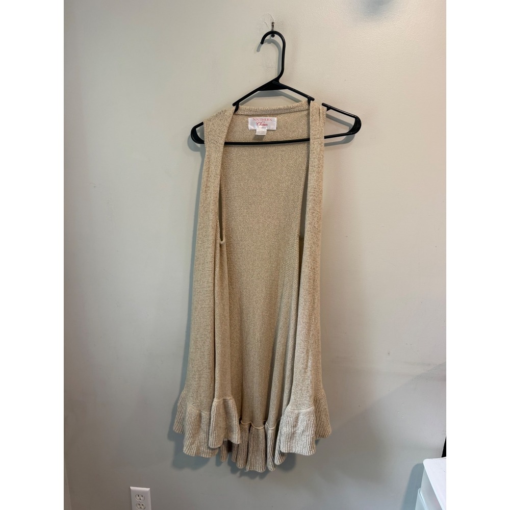 Southern Charm Beige Knit Sleeveless Ruffle Hem Open Front Cardigan Vest Small